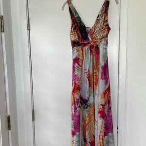 JohnPaulRichard‎ Floral Print Maxi dress,  Orange, Fuchsia, V-Neck, Size Small